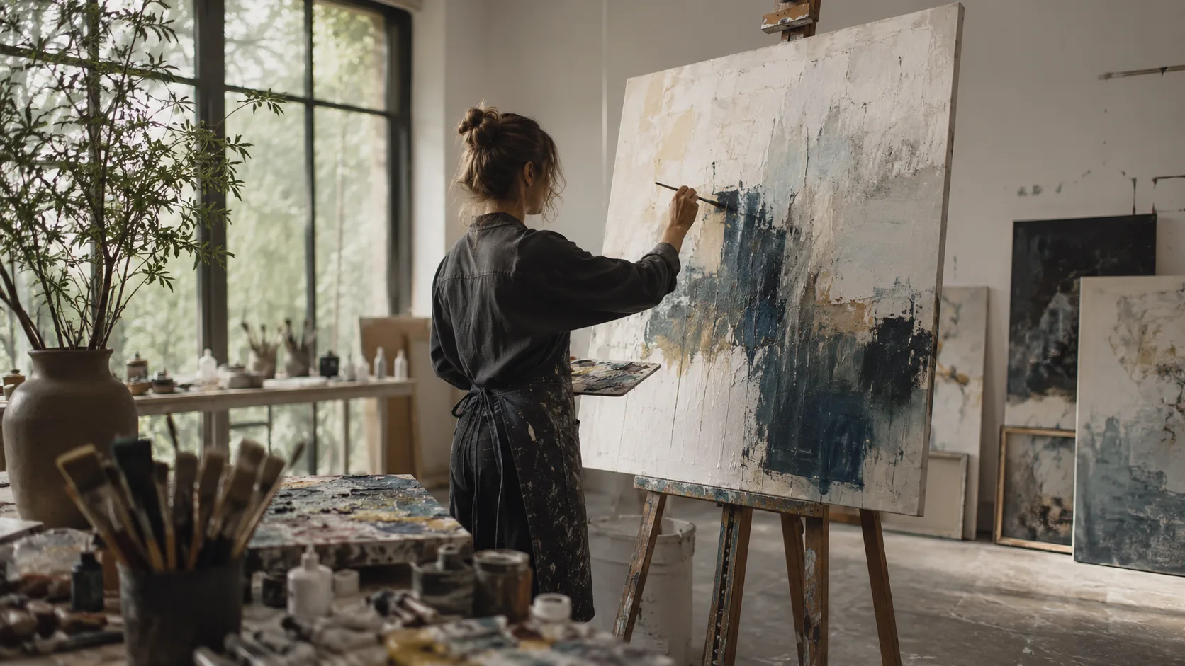 Artist painting at an easel in a studio