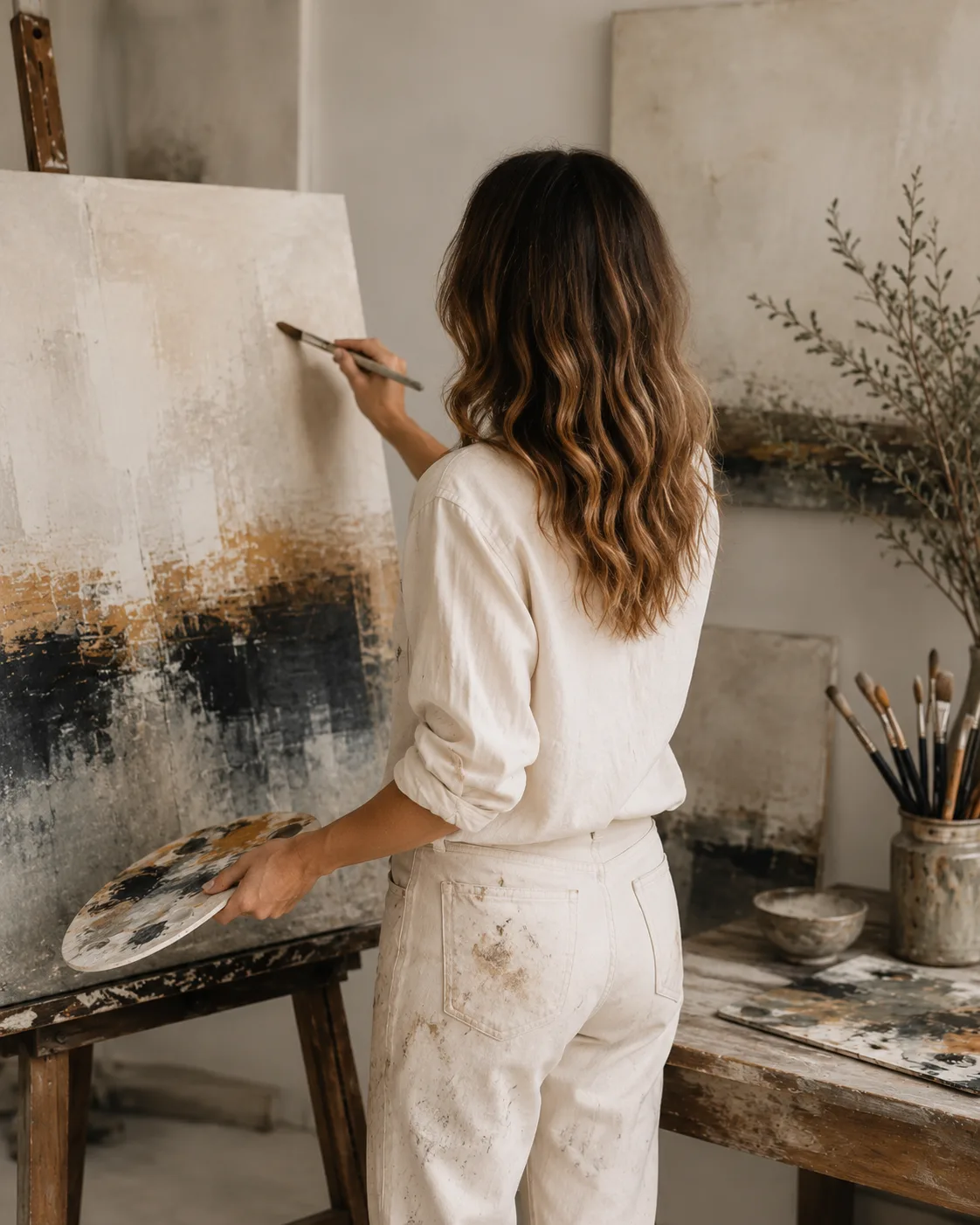 Artist painting an abstract canvas in a studio