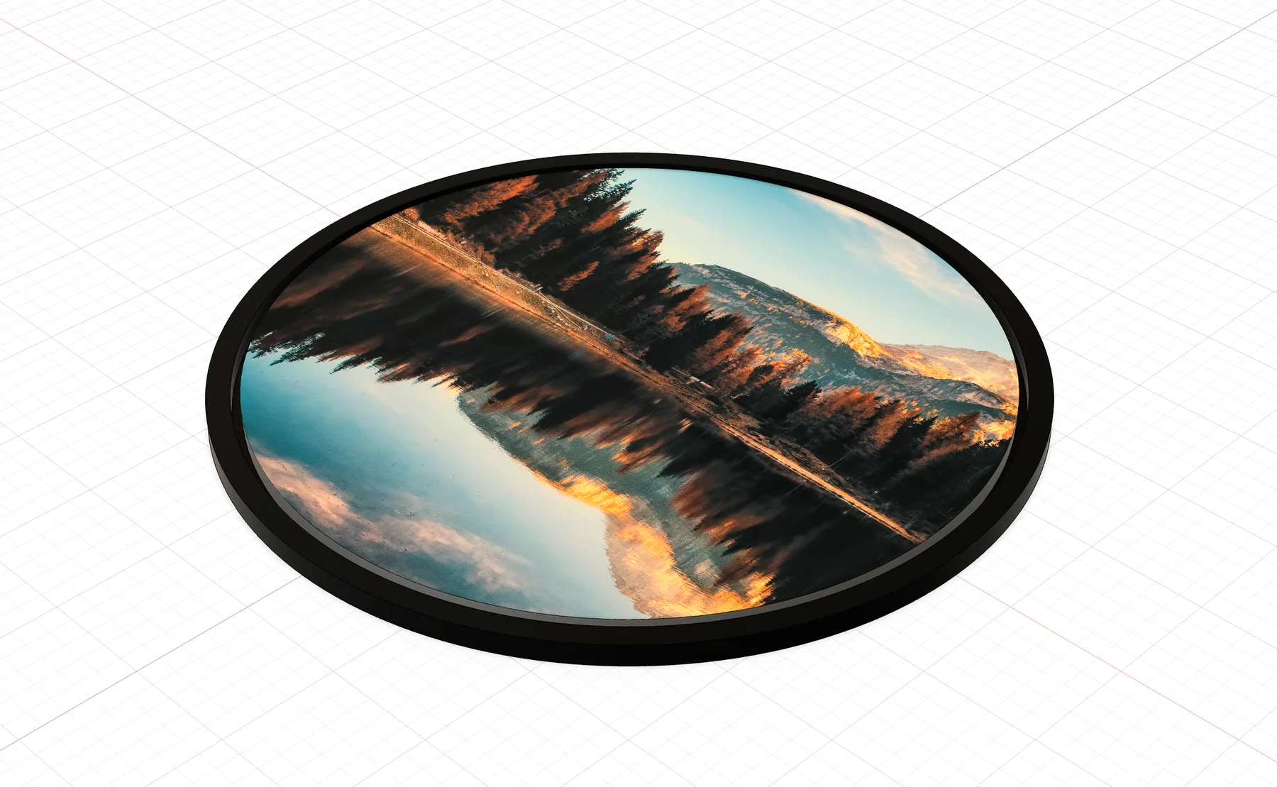 CAD render — oval mirror with landscape graphic